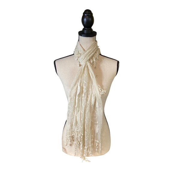 Womens Rectangle Ivory Lace Scarf Delicate Embroidery Fringe Fairy Cottagecore - Picture 1 of 6